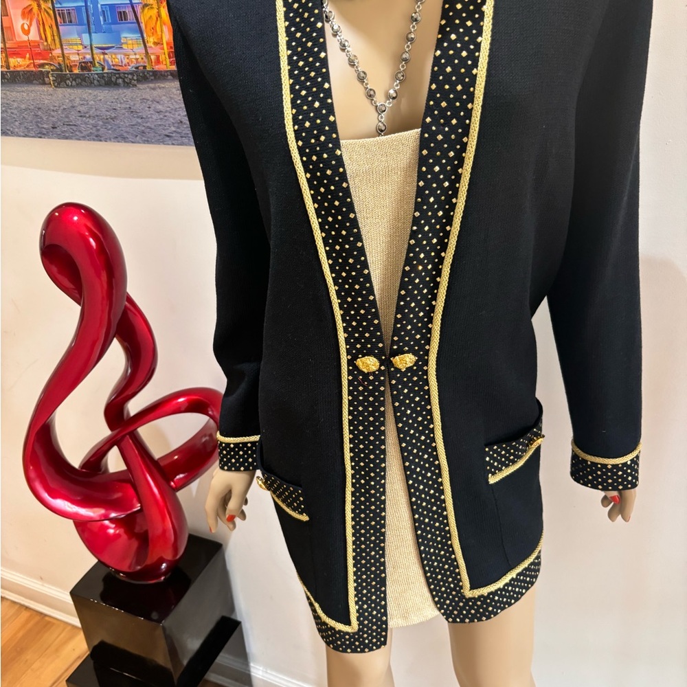 St. John Black Gold Blazer Trim 12 14 paillettes sequins evening embellished - Picture 5 of 10